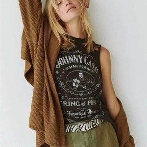 Free People x Daydreamer Black Johnny Cash Ring Of Fire Distressed Tank Top S